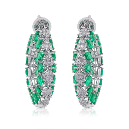 Pear Shaped Emerald & Round Diamond Solid 18 Kt White Gold Handmade Designer Hoop Earrings