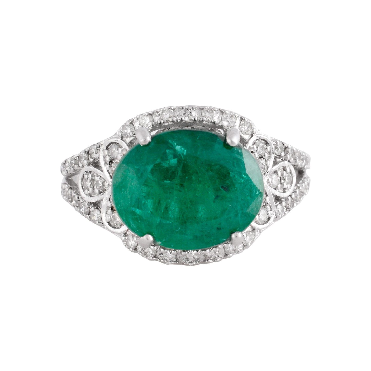 Solid 18 Kt White Gold Oval Emerald Gemstone SI/HI Pave Diamond Wedding Ring