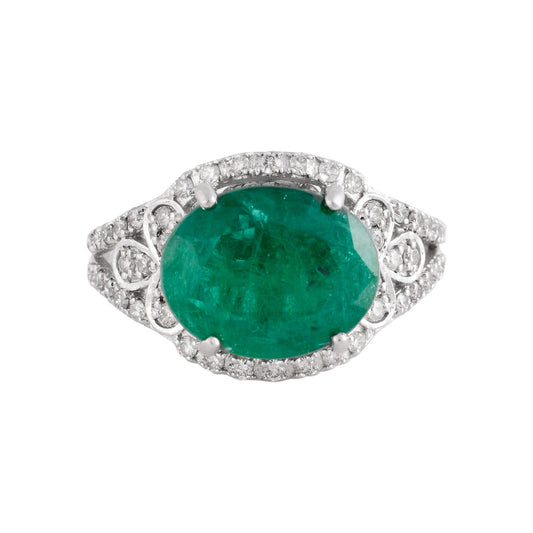 Solid 18 Kt White Gold Oval Emerald Gemstone SI/HI Pave Diamond Wedding Ring