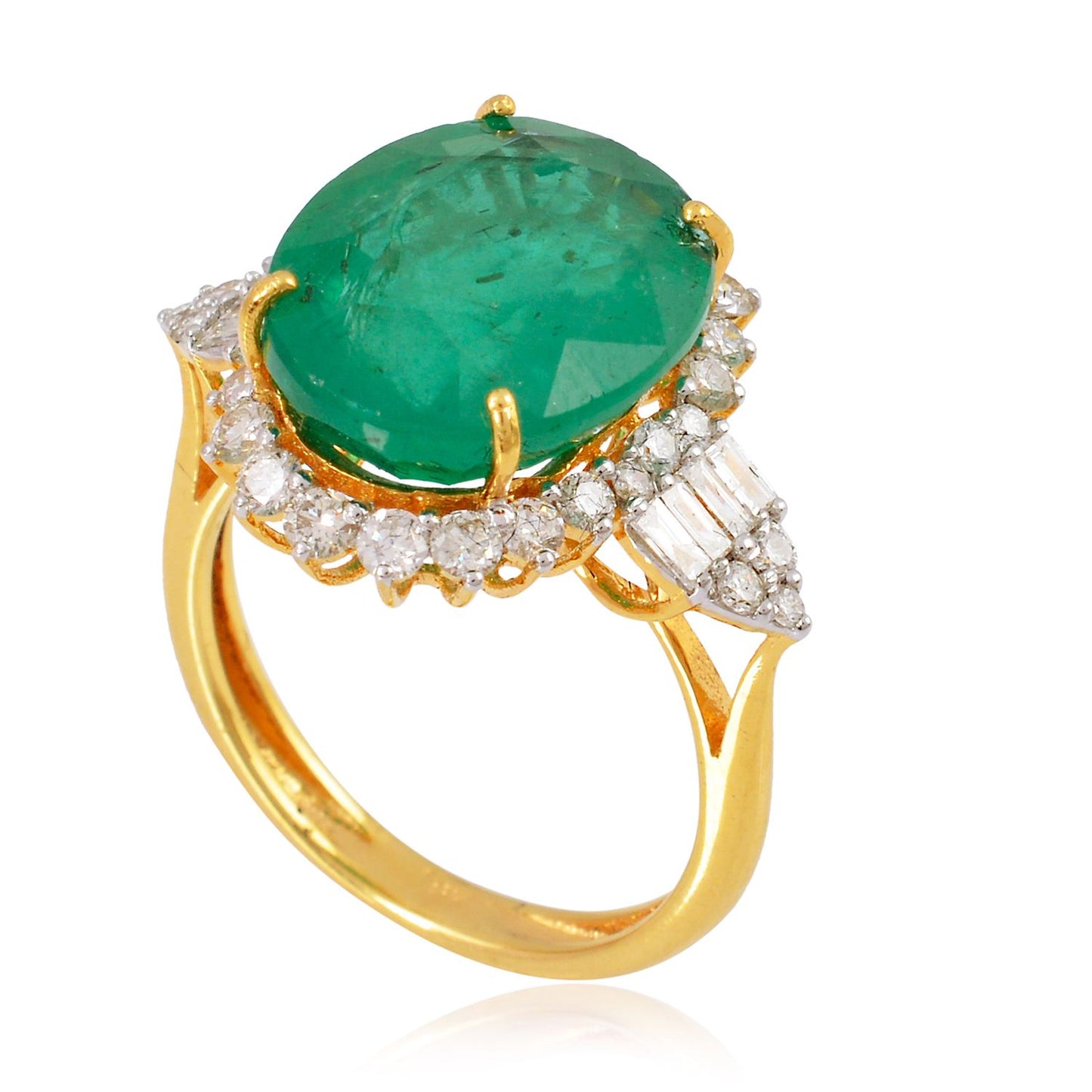 Solid 18Kt Yellow Gold SI Clarity HI Color Baguette Diamond Emerald Gemstone Ring Online Emerald Store