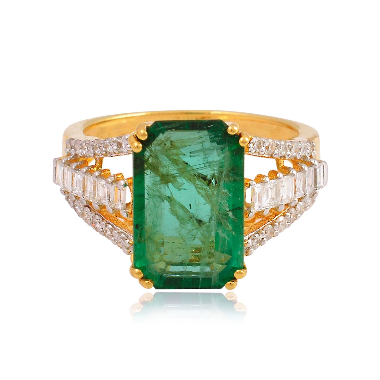 Solid 18Kt Yellow Gold SI Clarity HI Color Diamond Baguette Emerald Gemstone Ring JewelbyReeka  Jewelry Jaipur