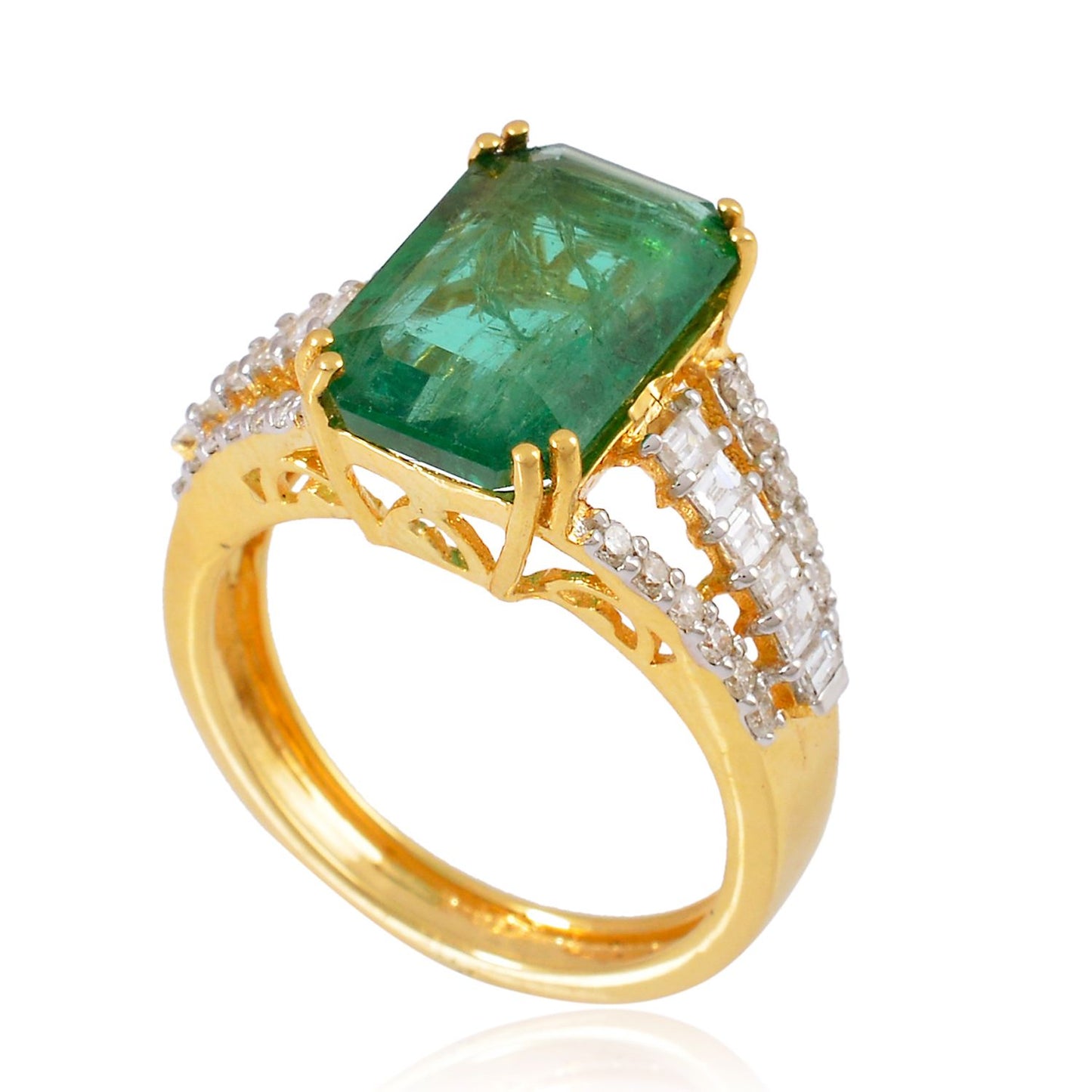 Solid 18Kt Yellow Gold SI Clarity HI Color Diamond Baguette Emerald Gemstone Ring JewelbyReeka  Jewelry Jaipur