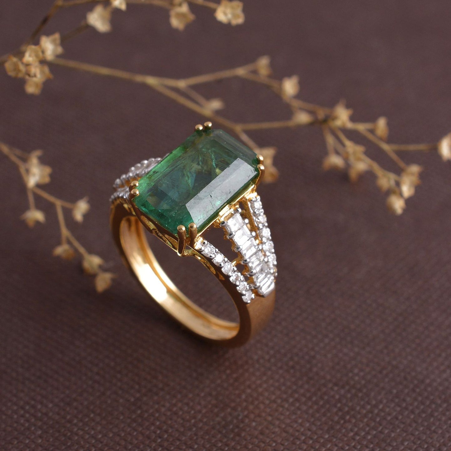 Solid 18Kt Yellow Gold SI Clarity HI Color Diamond Baguette Emerald Gemstone Ring JewelbyReeka  Jewelry Jaipur