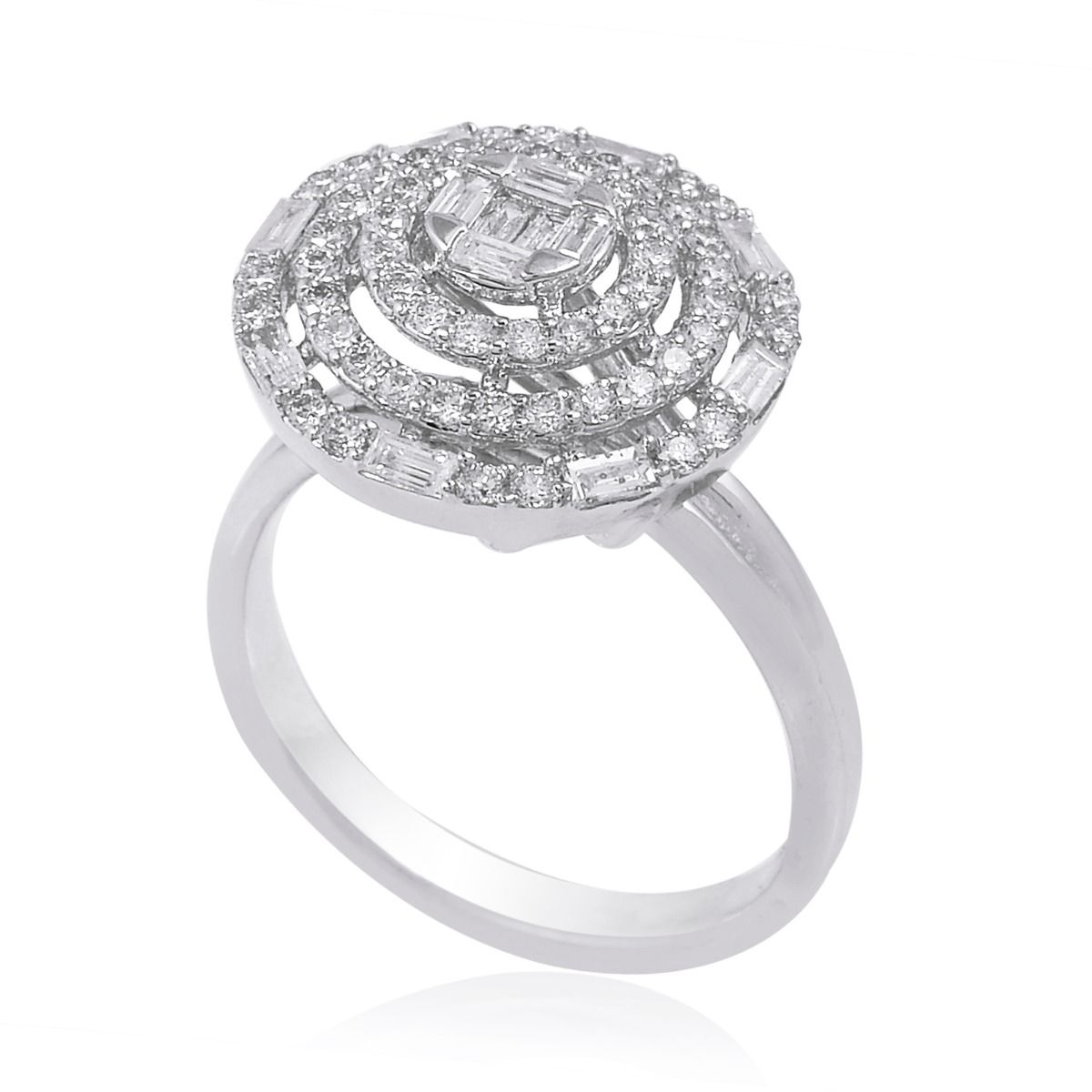 1.1 TCW Solid 18 Kt White Gold SI Clarity HI Color Baguette & Pave Diamond Proposal Round Disc Ring