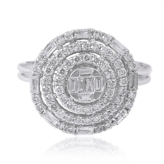 1.1 TCW Solid 18 Kt White Gold SI Clarity HI Color Baguette & Pave Diamond Proposal Round Disc Ring