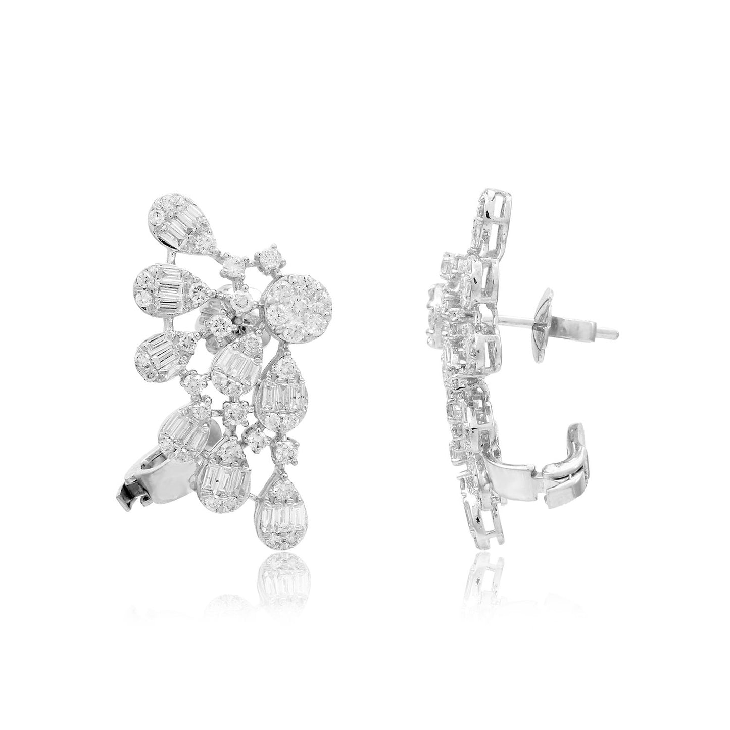 3.1 TCW Solid 10 Kt White Gold Baguette & Round Shaped SI Clarity HI Color Diamond Handmade Cuff Earrings