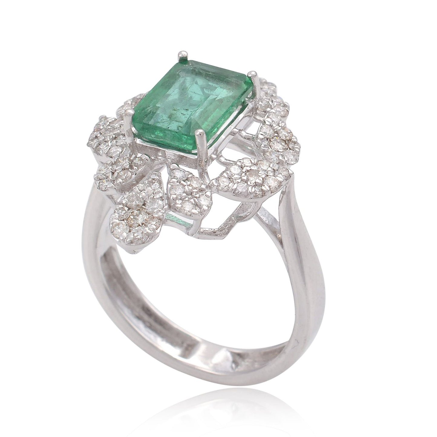 Real Emerald Gemstone Solid 18 Kt White Gold SI Clarity HI Color Pave Diamond Wedding Ring