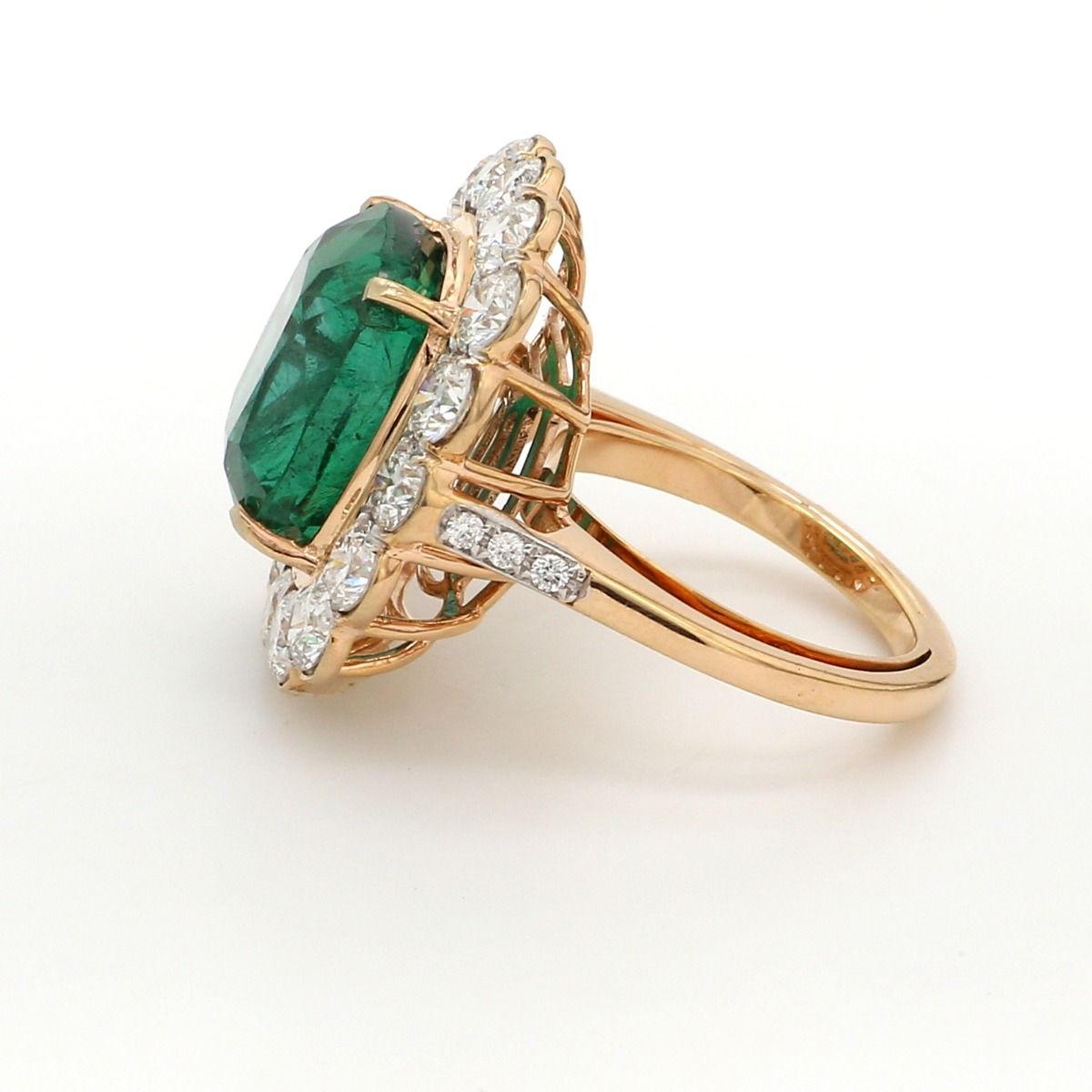 Emerald Solid 18 Kt Yellow Gold SI Clarity HI Color Round Diamond Promise Halo Ring