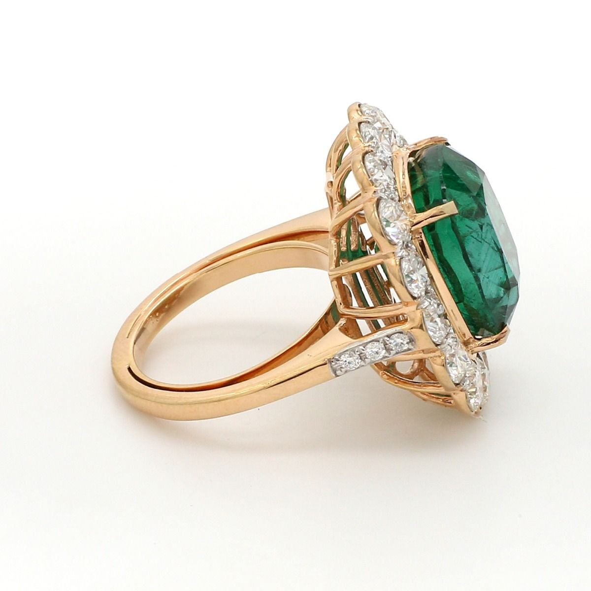 Emerald Solid 18 Kt Yellow Gold SI Clarity HI Color Round Diamond Promise Halo Ring