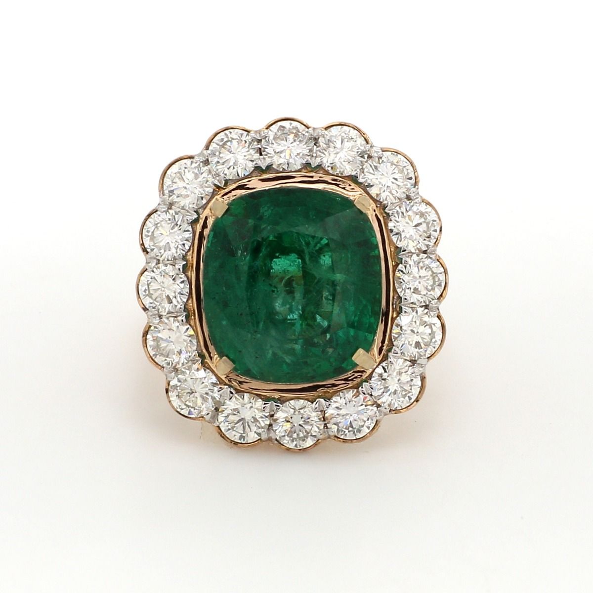 Emerald Solid 18 Kt Yellow Gold SI Clarity HI Color Round Diamond Promise Halo Ring