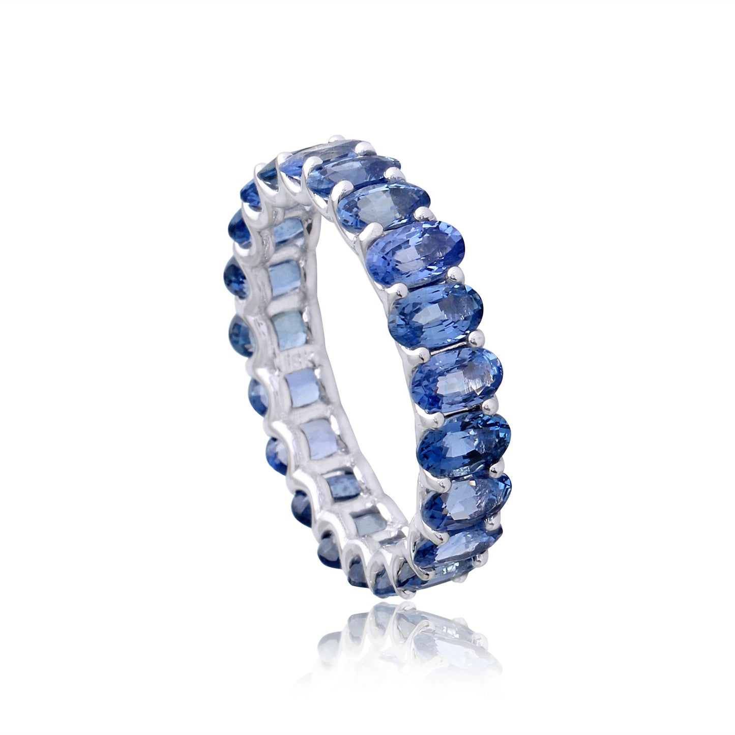 Solid 18Kt White Gold Oval Blue Sapphire Gemstone Full Eternity Band Ring Jewelry