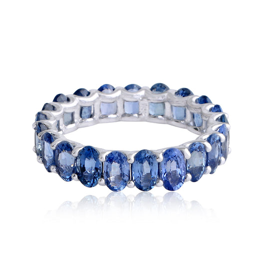 Solid 18Kt White Gold Oval Blue Sapphire Gemstone Full Eternity Band Ring Jewelry