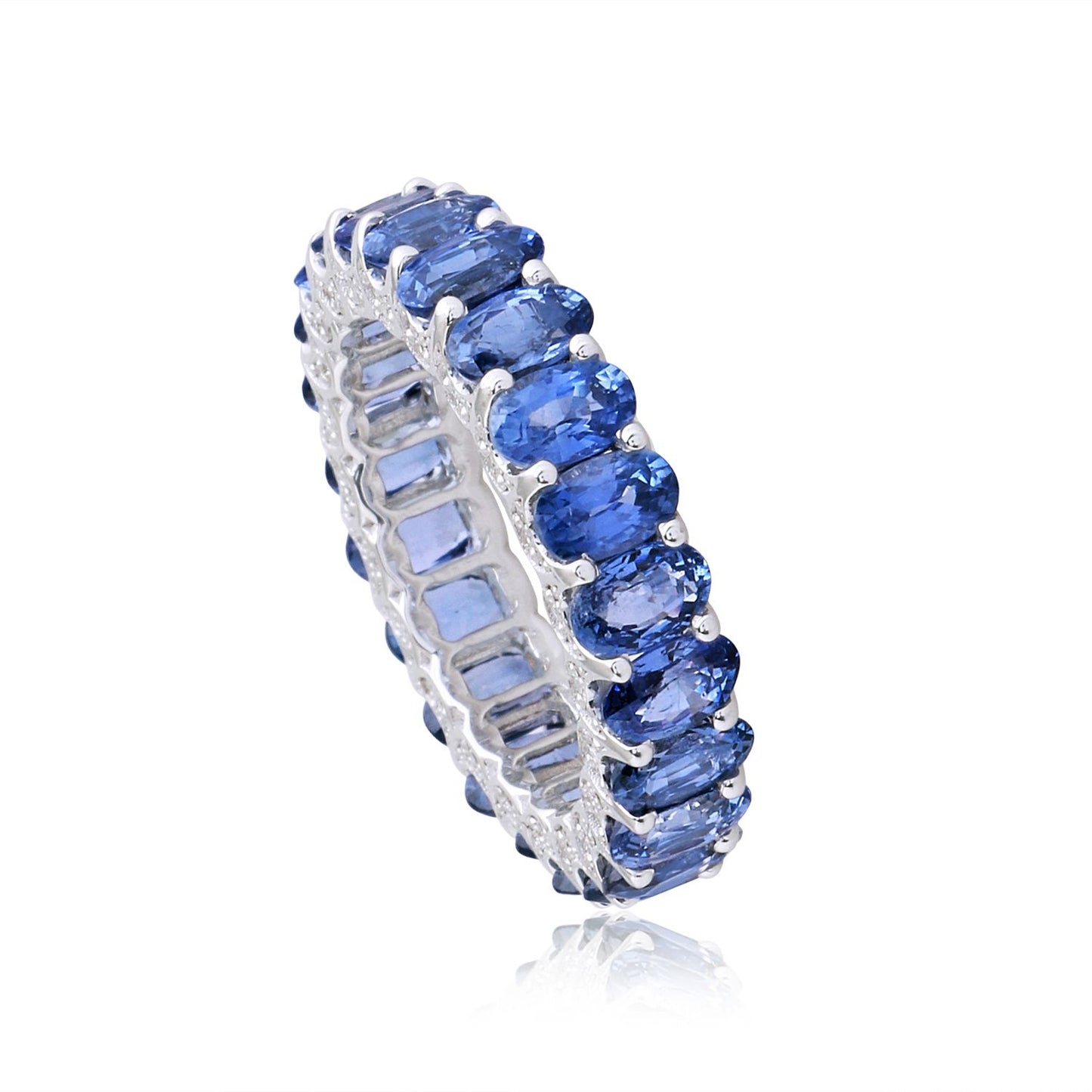 Solid 18Kt White Gold Oval Blue Sapphire Gemstone Eternity Band Ring Anniversary Jewelry