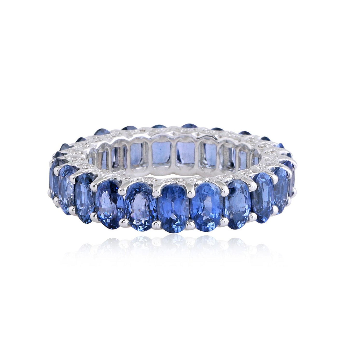 Solid 18Kt White Gold Oval Blue Sapphire Gemstone Eternity Band Ring Anniversary Jewelry