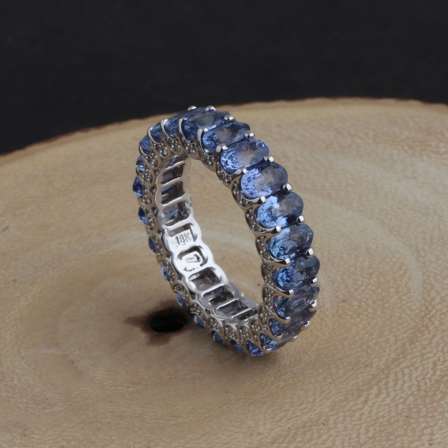 Solid 18Kt White Gold Oval Blue Sapphire Gemstone Eternity Band Ring Anniversary Jewelry