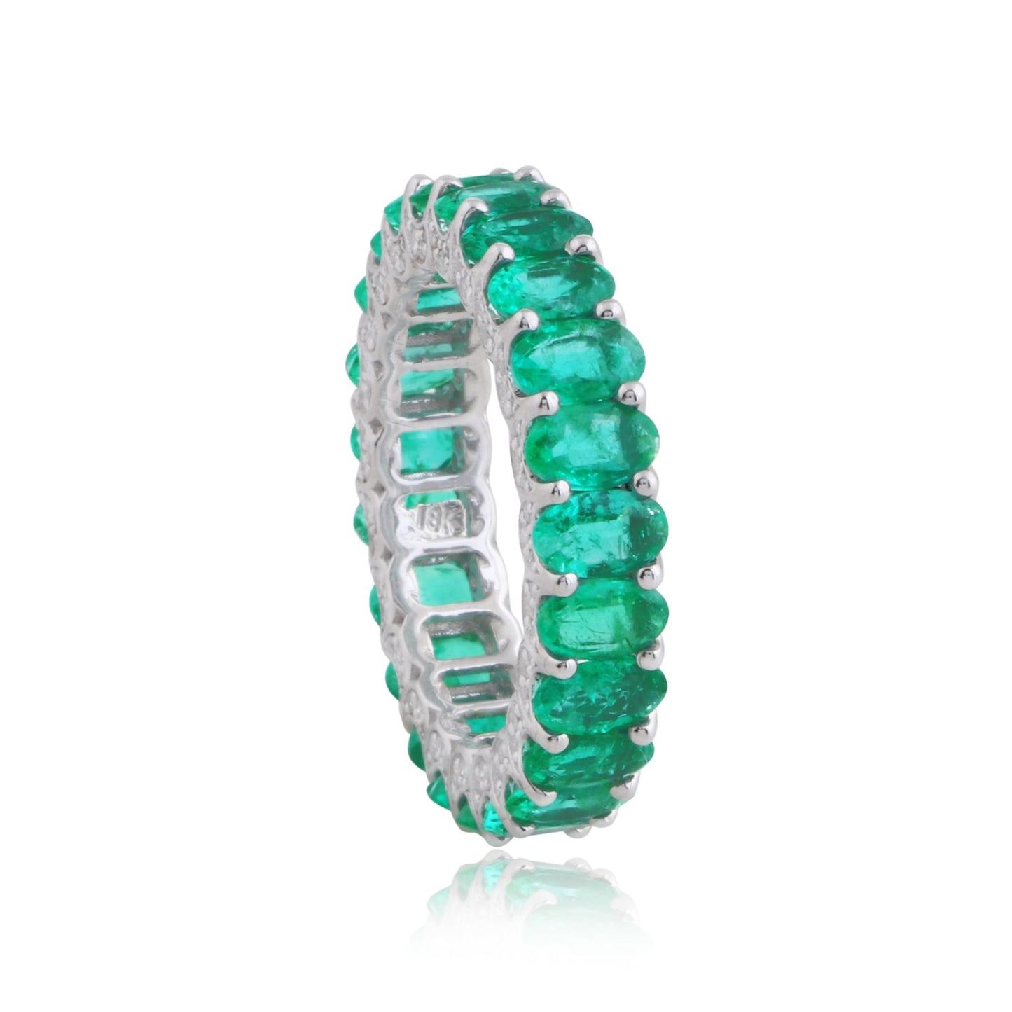 Solid 18Kt White Gold Oval Emerald Gemstone Eternity Band Ring Wedding Jewelry