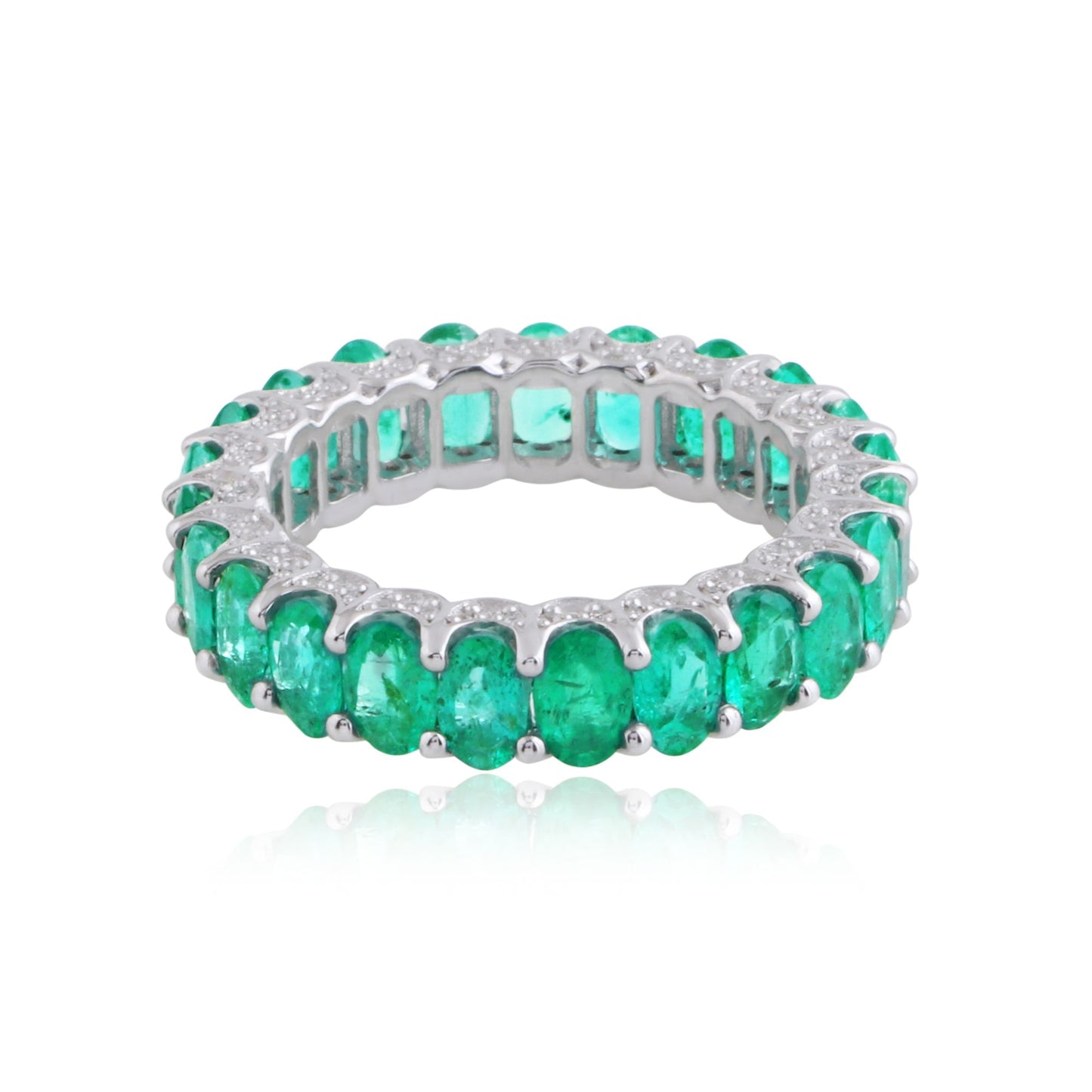 Solid 18Kt White Gold Oval Emerald Gemstone Eternity Band Ring Wedding Jewelry