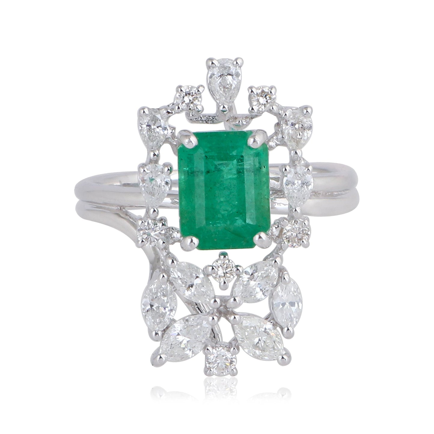 Solid 18Kt White Gold SI Clarity HI Color Marquise Diamond Emerald Gemstone Designer Ring Jewelry