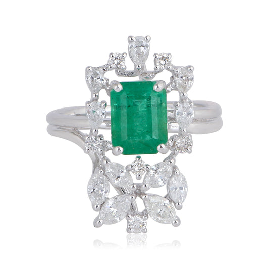 Solid 18Kt White Gold SI Clarity HI Color Marquise Diamond Emerald Gemstone Designer Ring Jewelry