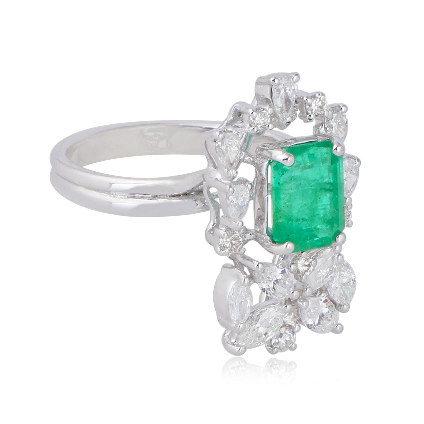 Solid 18Kt White Gold SI Clarity HI Color Marquise Diamond Emerald Gemstone Designer Ring Jewelry