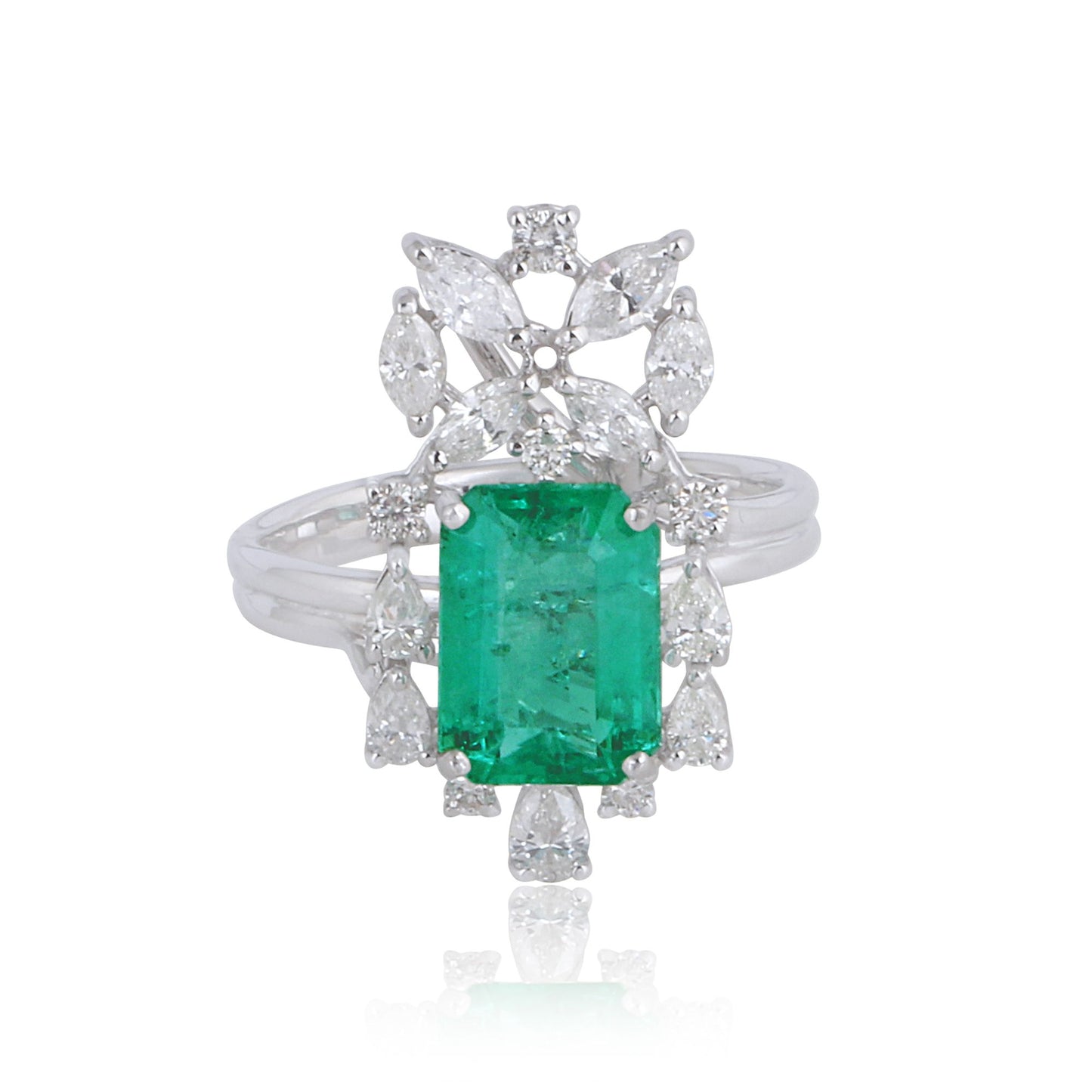 Solid 18Kt White Gold SI Clarity HI Color Marquise Diamond Emerald Gemstone Fine Ring Gold Shop Indian Jewelry