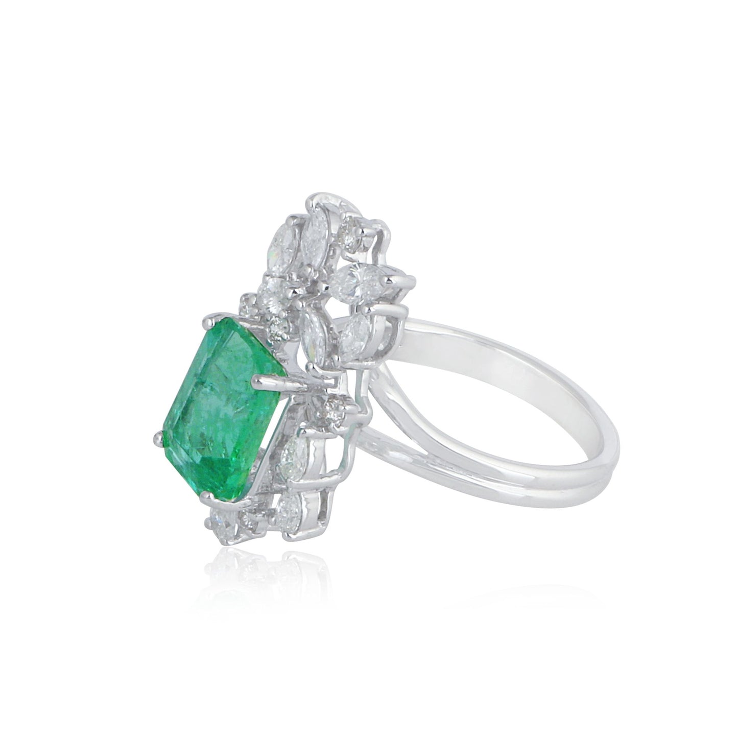 Solid 18Kt White Gold SI Clarity HI Color Marquise Diamond Emerald Gemstone Fine Ring Gold Shop Indian Jewelry