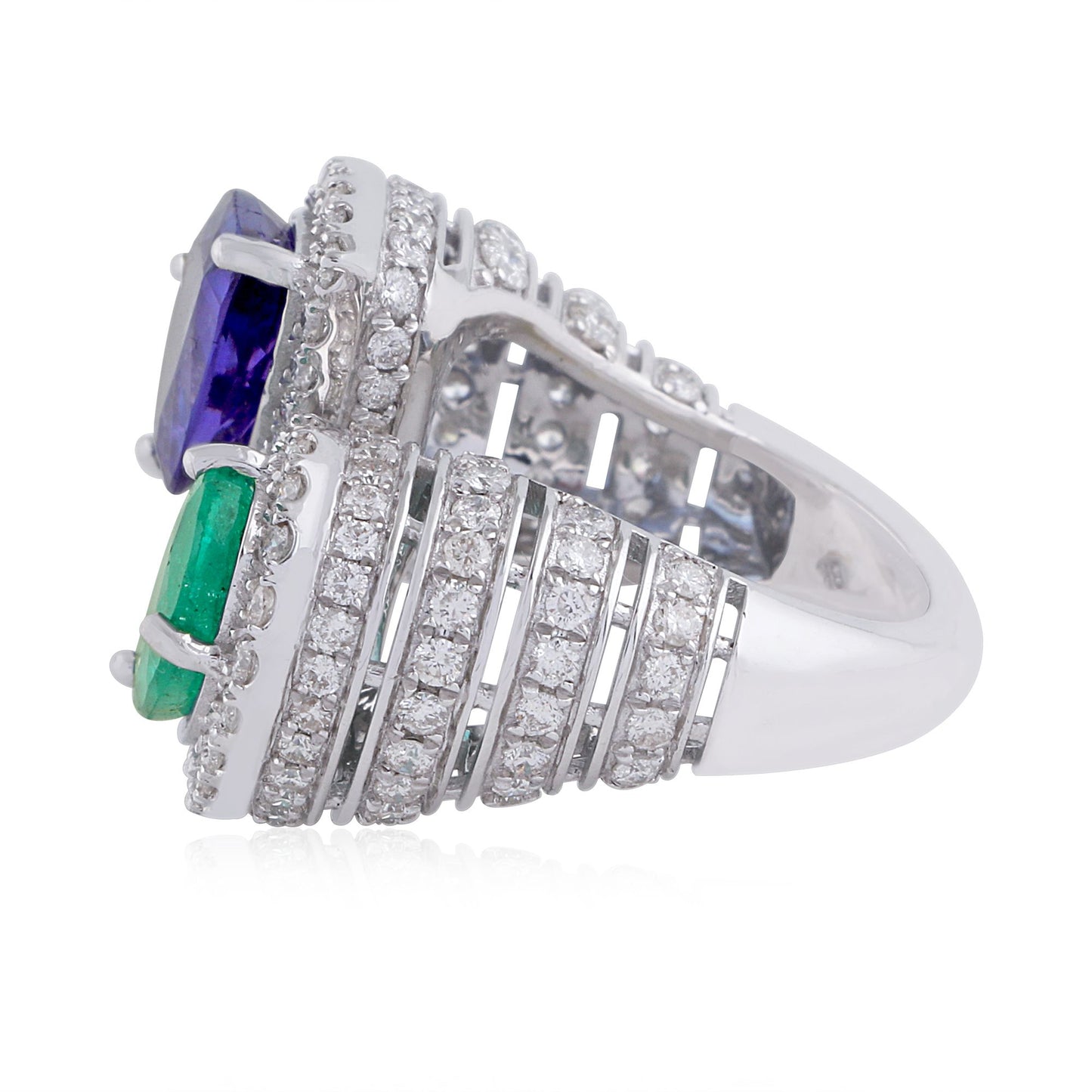 Natural Blue Sapphire & Emerald Solid 18Kt White Gold SI Clarity HI Color Diamond Promise Ring