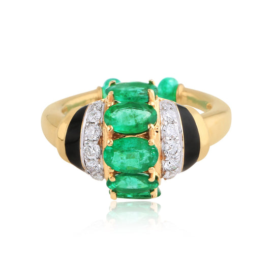 Solid 18Kt Yellow Gold SI Clarity HI Color Diamond Oval Emerald Designer Ring