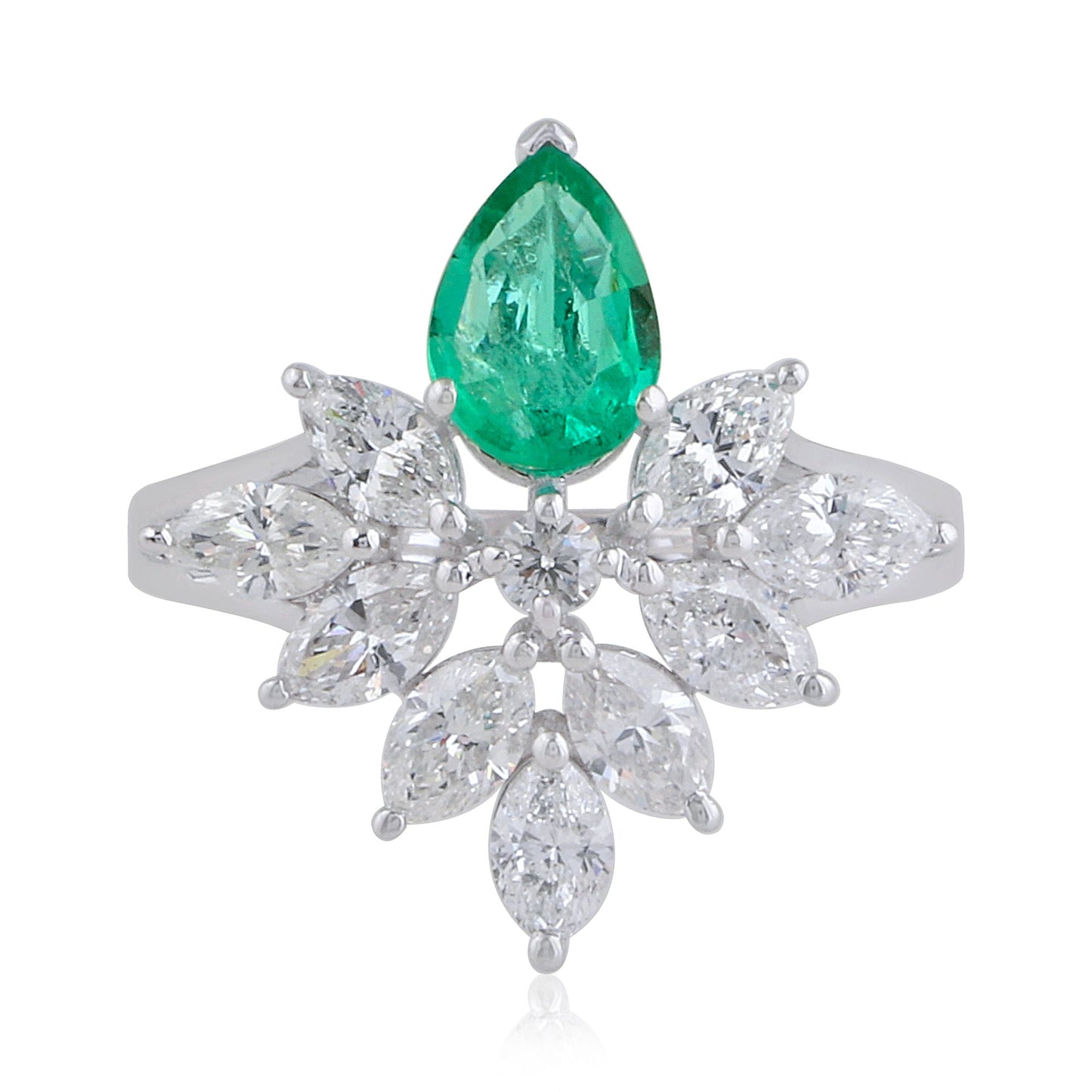 Pear Shaped Emerald Solid 18Kt White Gold SI Clarity HI Color Diamond Proposal Flower Ring