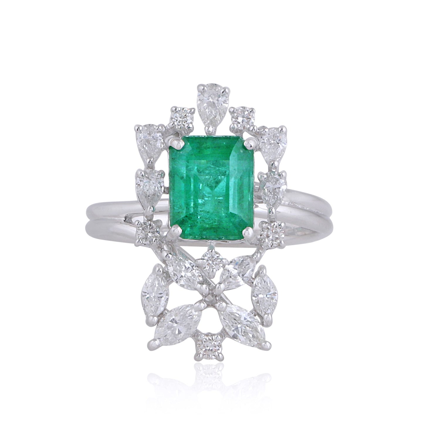 Solid 18Kt White Gold SI Clarity HI Color Pear & Marquise Diamond Emerald Gemstone Ring