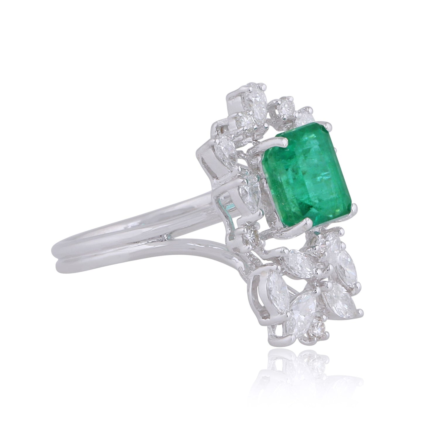 Solid 18Kt White Gold SI Clarity HI Color Pear & Marquise Diamond Emerald Gemstone Ring