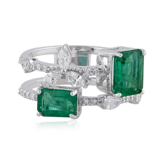 Two Emerald Stone Solid 18 Kt White Gold SI Clarity HI Color Diamond Promise Ring