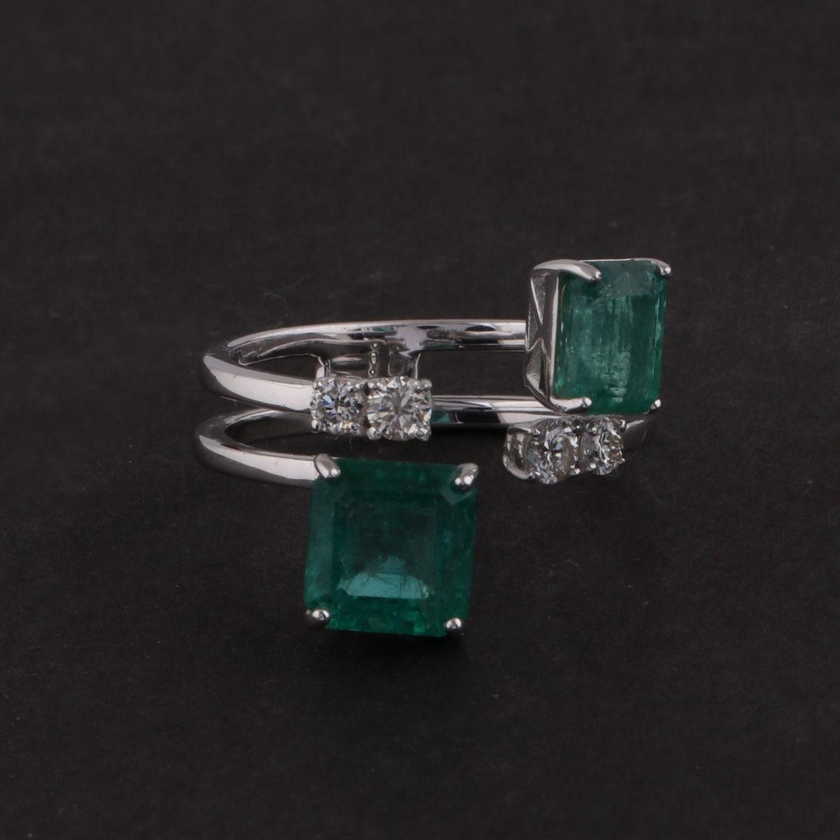 Two Emerald Stone Solid 18 Kt White Gold SI Clarity HI Color Diamond Promise Cuff Ring