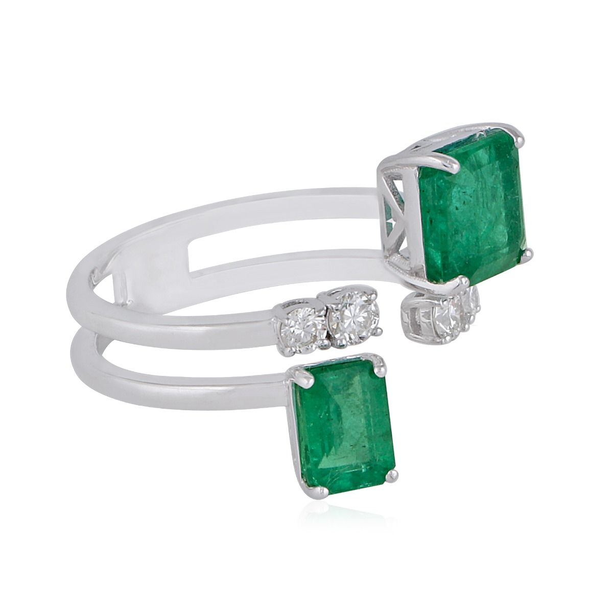 Two Emerald Stone Solid 18 Kt White Gold SI Clarity HI Color Diamond Promise Cuff Ring