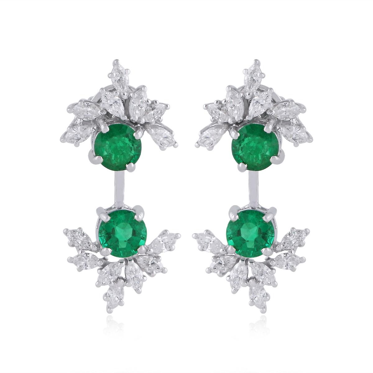 Round Emerald Solid 18 Kt White Gold SI Clarity HI Color Diamond Handmade Earrings