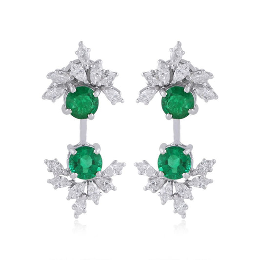 Round Emerald Solid 18 Kt White Gold SI Clarity HI Color Diamond Handmade Earrings