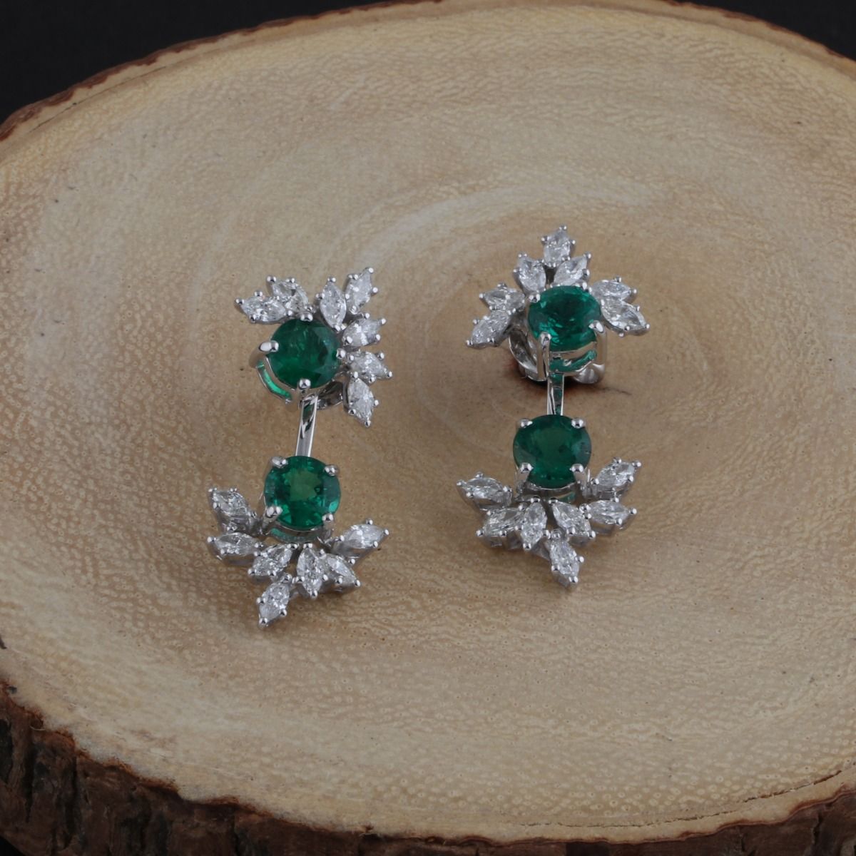 Round Emerald Solid 18 Kt White Gold SI Clarity HI Color Diamond Handmade Earrings