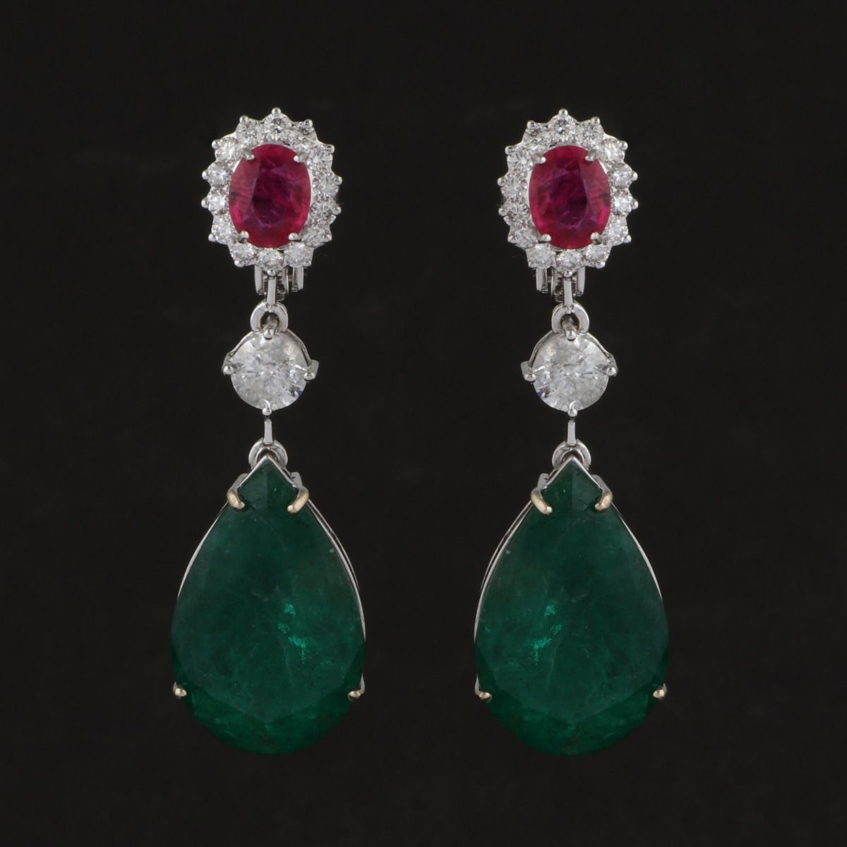 Pear Shaped Emerald & Round Ruby Solid 18 Kt White Gold SI Clarity HI Color Diamond Fine Stud Earrings