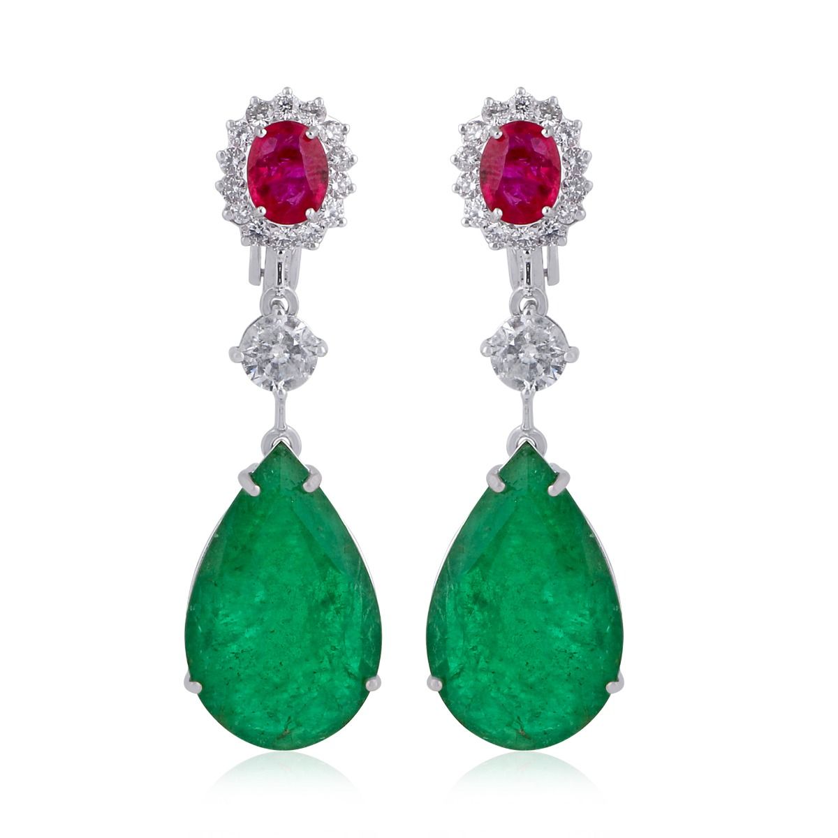 Pear Shaped Emerald & Round Ruby Solid 18 Kt White Gold SI Clarity HI Color Diamond Fine Stud Earrings