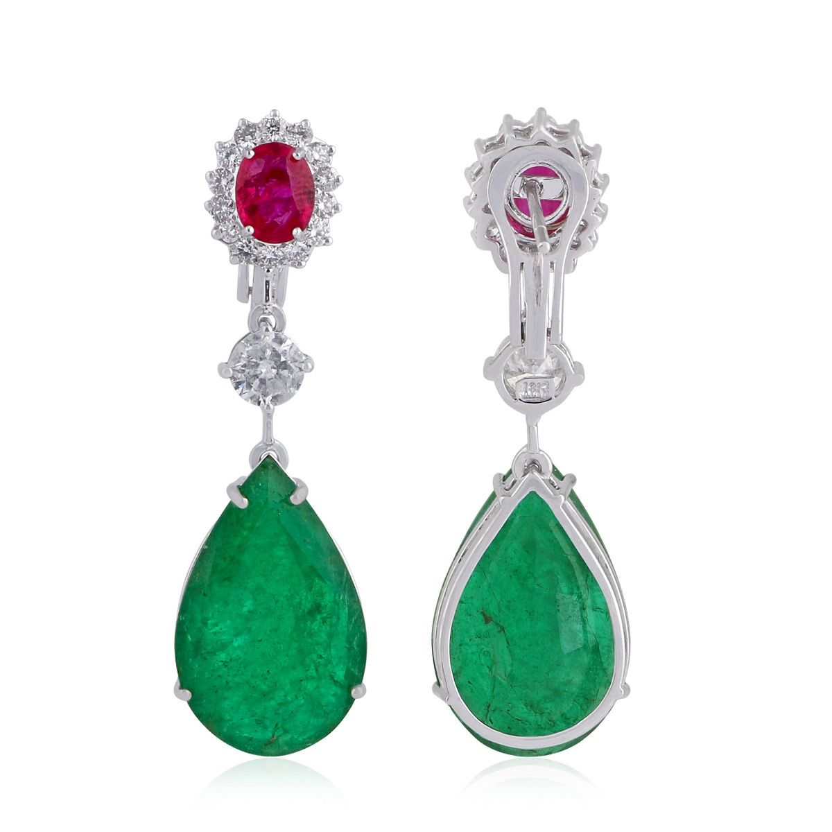 Pear Shaped Emerald & Round Ruby Solid 18 Kt White Gold SI Clarity HI Color Diamond Fine Stud Earrings