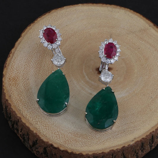 Pear Shaped Emerald & Round Ruby Solid 18 Kt White Gold SI Clarity HI Color Diamond Fine Stud Earrings