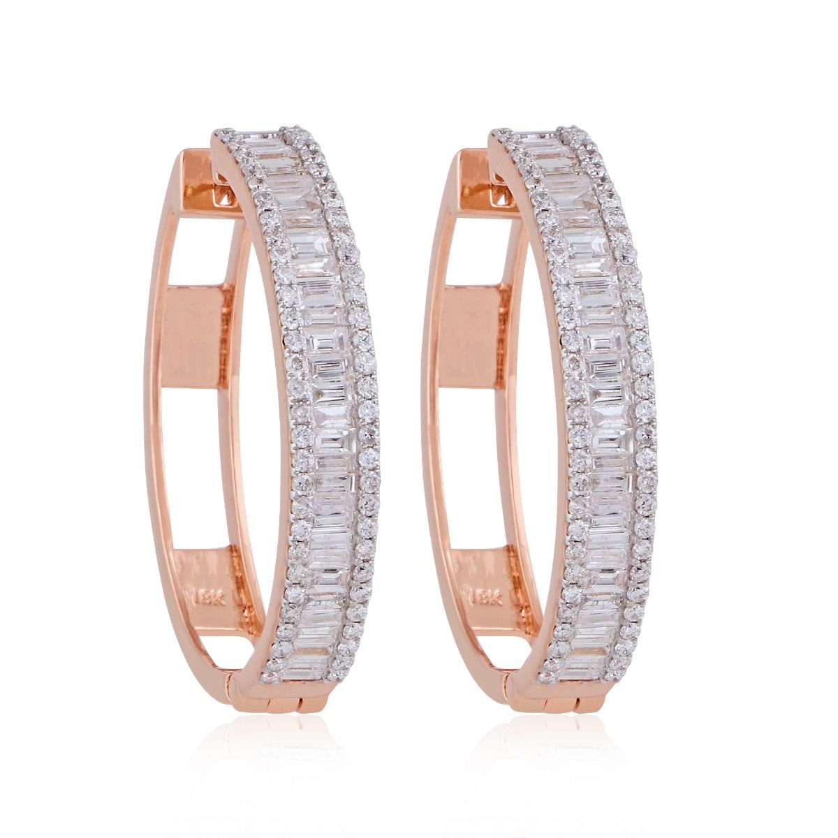 1.6 TCW Solid 18 Kt Rose Gold SI Clarity HI Color Baguette & Pave Diamond Fine Earrings