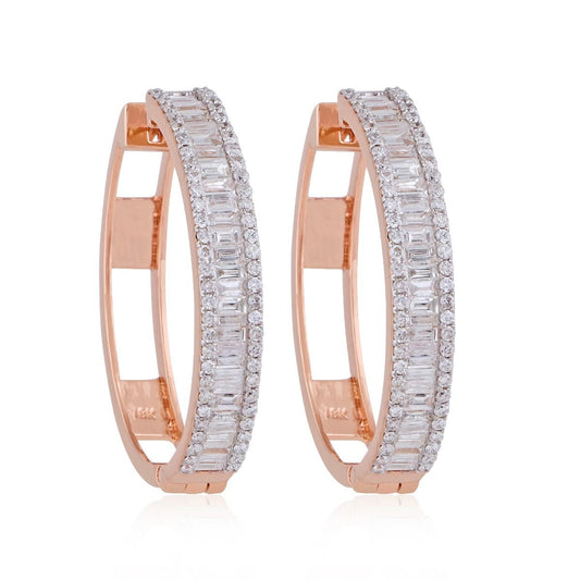 1.6 TCW Solid 18 Kt Rose Gold SI Clarity HI Color Baguette & Pave Diamond Fine Earrings