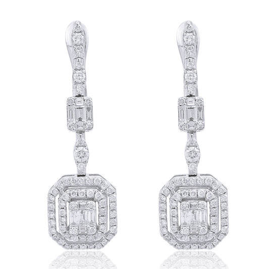 1.7 TCW Baguette & Round Diamond Solid 10 Kt White Gold SI Clarity HI Color Diamond Fine Dangle Earrings