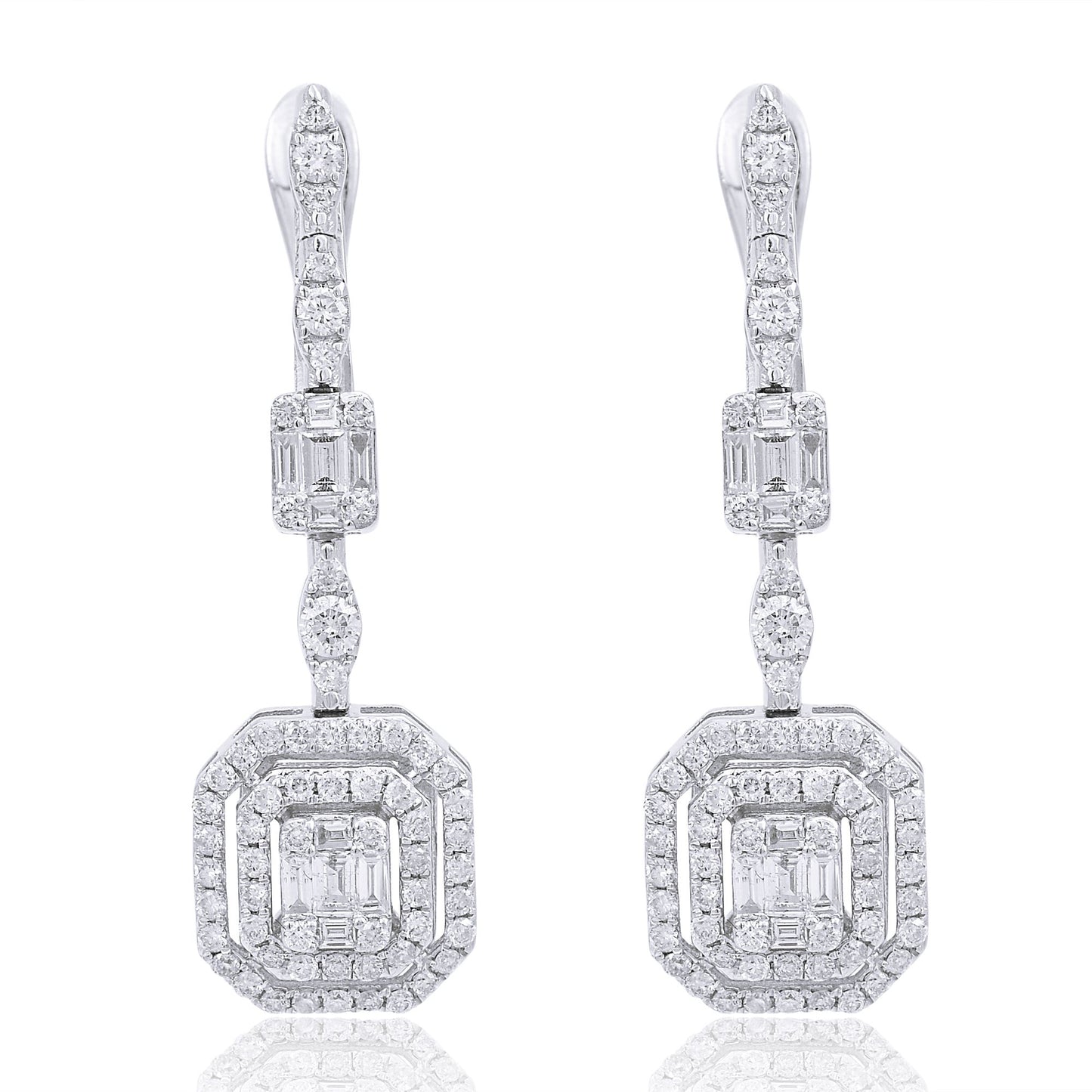 1.7 TCW Baguette & Round Diamond Solid 18 Kt White Gold SI Clarity HI Color Diamond Fine Dangle Earrings