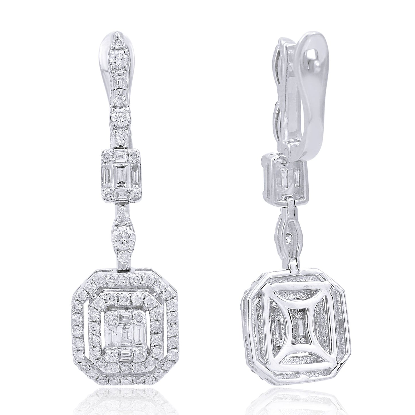 1.7 TCW Baguette & Round Diamond Solid 10 Kt White Gold SI Clarity HI Color Diamond Fine Dangle Earrings