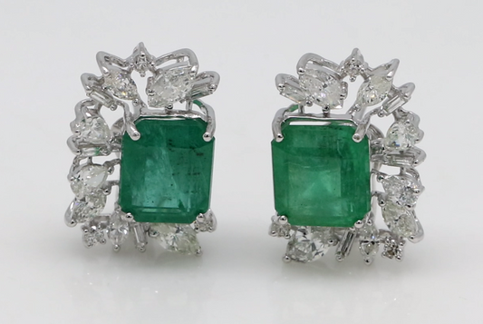 Natural Emerald Solid 18 Kt White Gold SI Clarity HI Color Diamond Stud Clip On Earrings