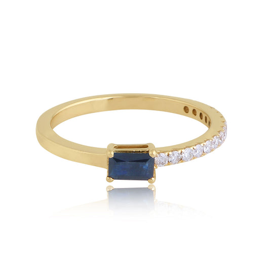 Solid 18Kt Yellow Gold SI Clarity HI Color Diamond Baguette Blue Sapphire Gemstone Ring Jewelry