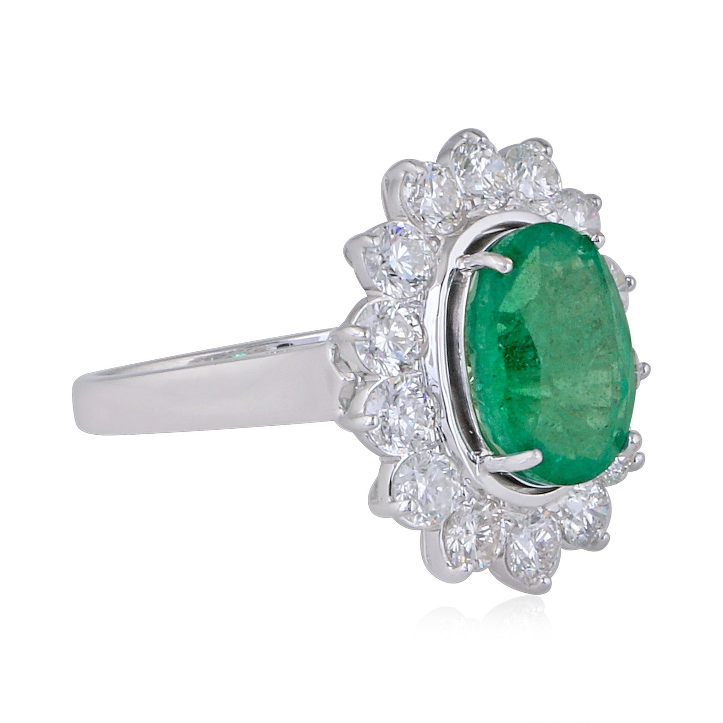 Round Shaped Emerald Solid 18Kt White Gold SI Clarity HI Color Diamond Promise Flower Ring