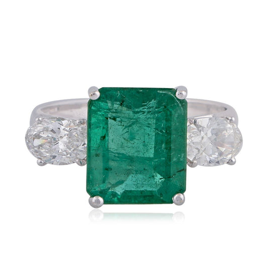 Solid 18Kt White Gold SI Clarity HI Color Diamond Proposal Emerald Ring